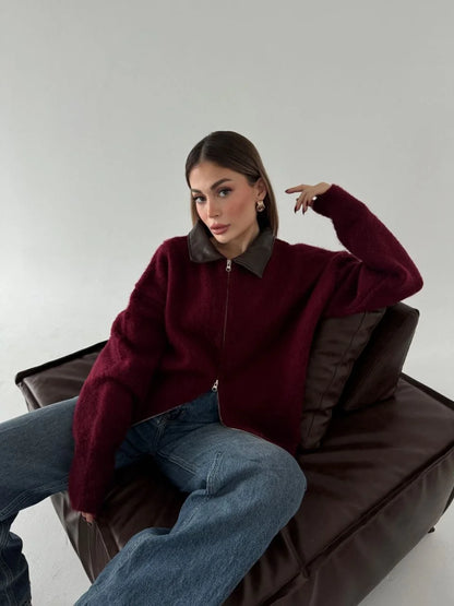 Deri Yakalı Pamuk dokulu Çift Taraflı Çalışan Fermuar Ceket - Füme