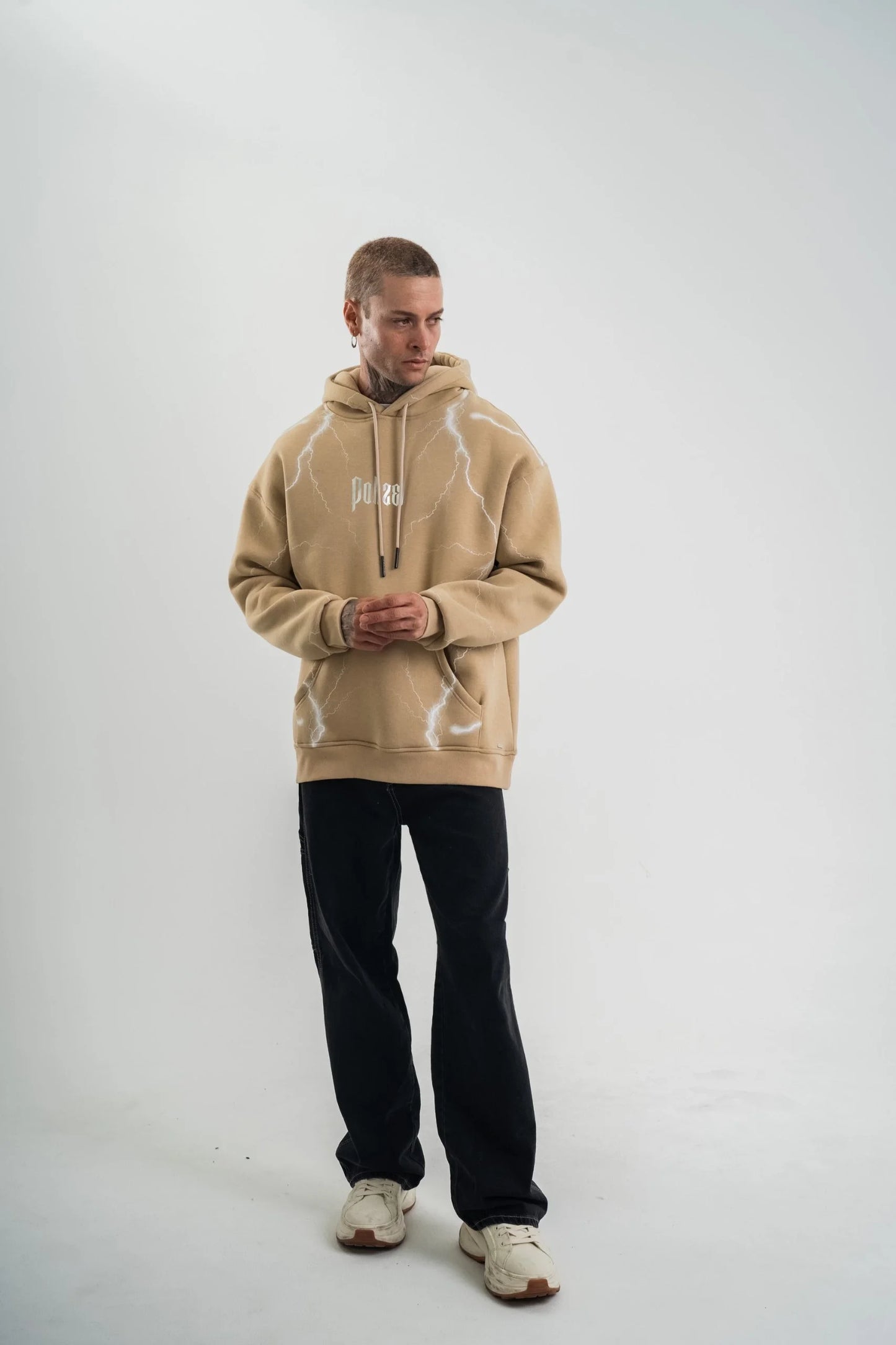 Double Oversize Kapşonlu Şimşek Pano Baskılı SweatShirt - Siyah