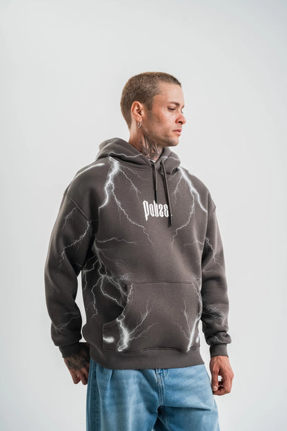 Double Oversize Kapşonlu Şimşek Pano Baskılı SweatShirt - Siyah