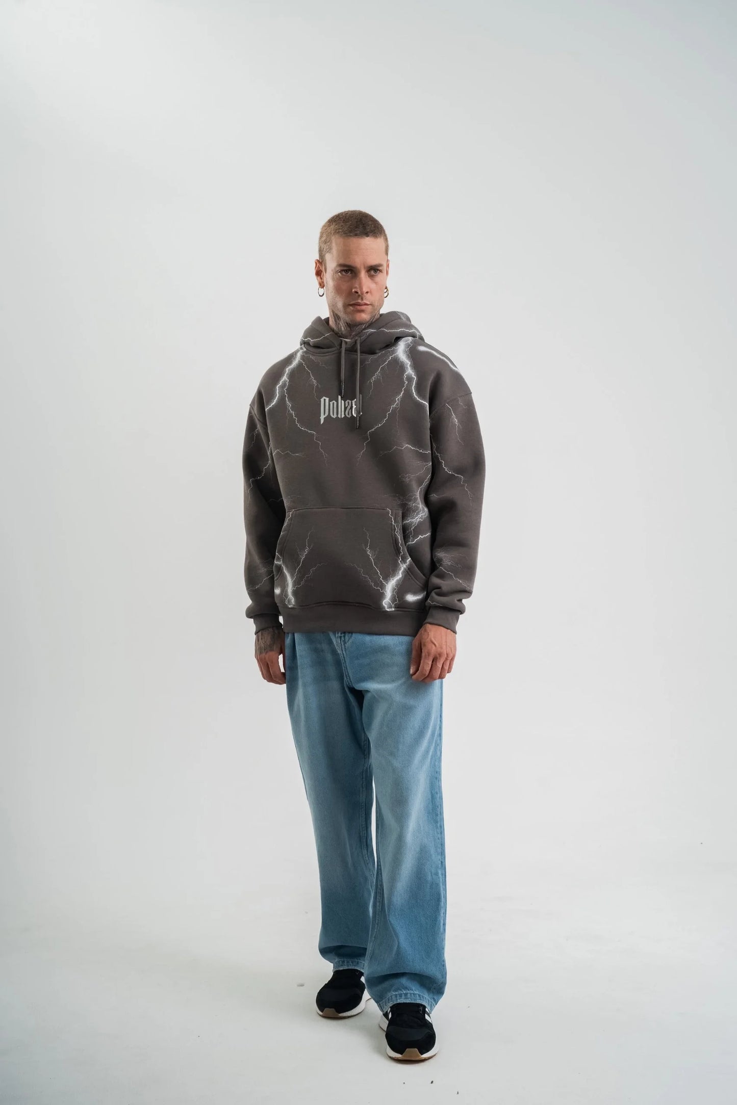 Double Oversize Kapşonlu Şimşek Pano Baskılı SweatShirt - Siyah