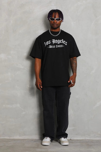 Unisex Oversize Baskılı Bisiklet Yaka T-Shirt - Beyaz