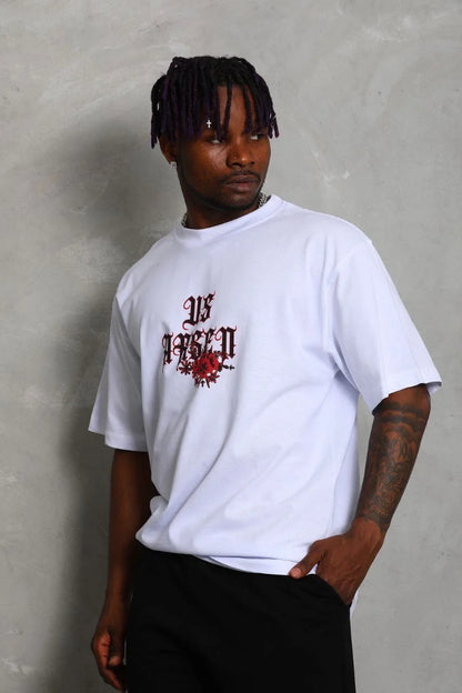 Unisex Oversize Baskılı Bisiklet Yaka T-Shirt - Siyah