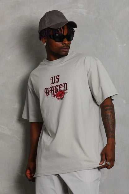 Unisex Oversize Baskılı Bisiklet Yaka T-Shirt - Siyah