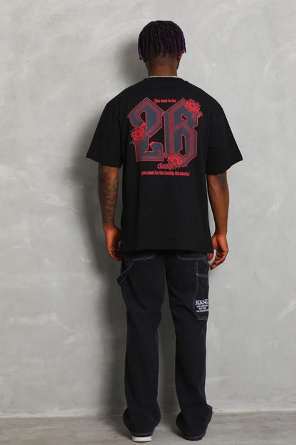 Unisex Oversize Baskılı Bisiklet Yaka T-Shirt - Siyah