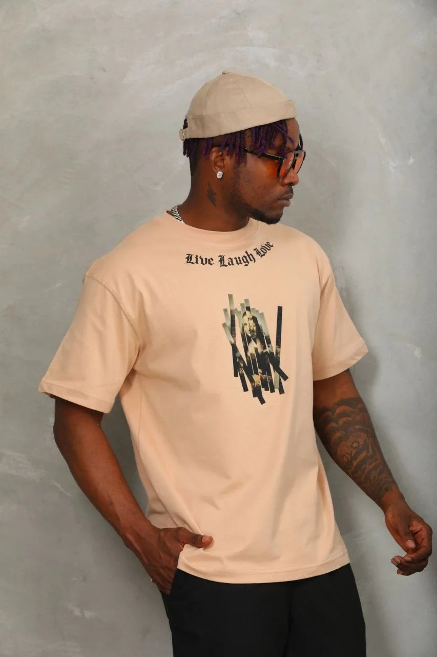 Unisex Oversize Baskılı Bisiklet Yaka T-Shirt - Beyaz