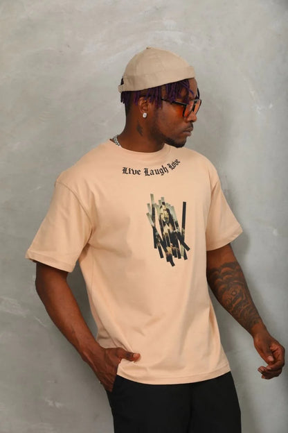 Unisex Oversize Baskılı Bisiklet Yaka T-Shirt - Beyaz