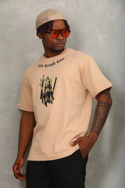 Unisex Oversize Baskılı Bisiklet Yaka T-Shirt - Beyaz