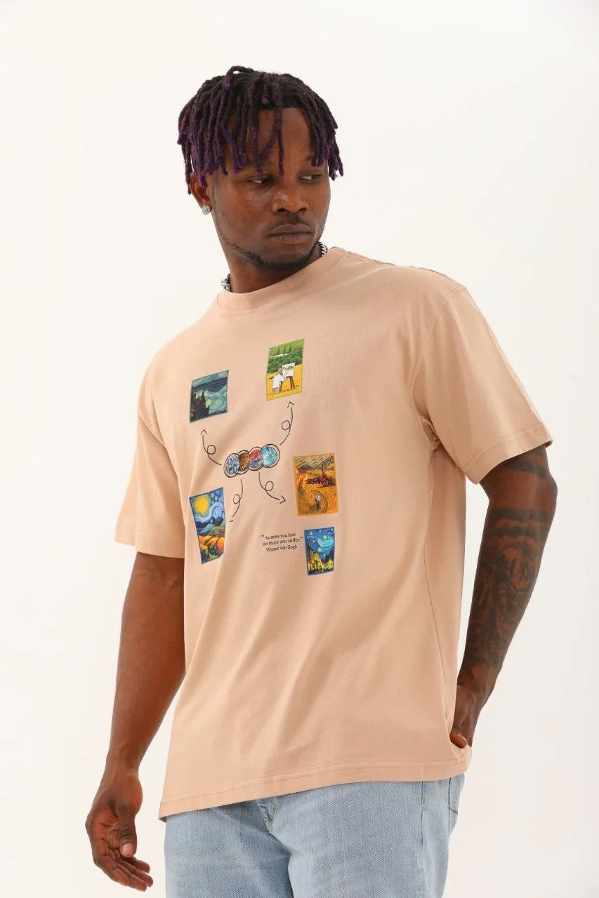 Unisex Oversize Baskılı Bisiklet Yaka T-Shirt - Siyah