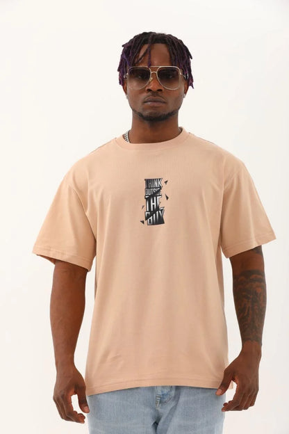 Unisex Oversize Baskılı Bisiklet Yaka T-Shirt - Beyaz