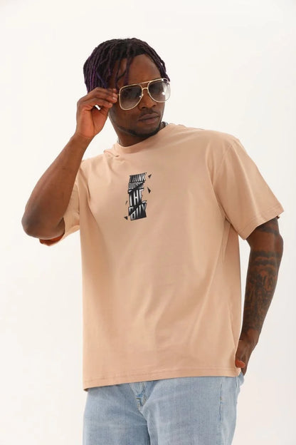 Unisex Oversize Baskılı Bisiklet Yaka T-Shirt - Beyaz