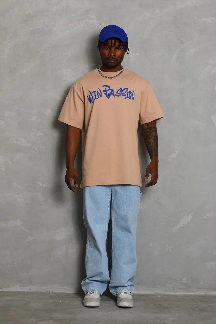 Unisex Oversize Baskılı Bisiklet Yaka T-Shirt - Füme