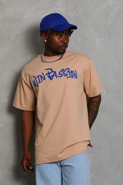 Unisex Oversize Baskılı Bisiklet Yaka T-Shirt - Füme