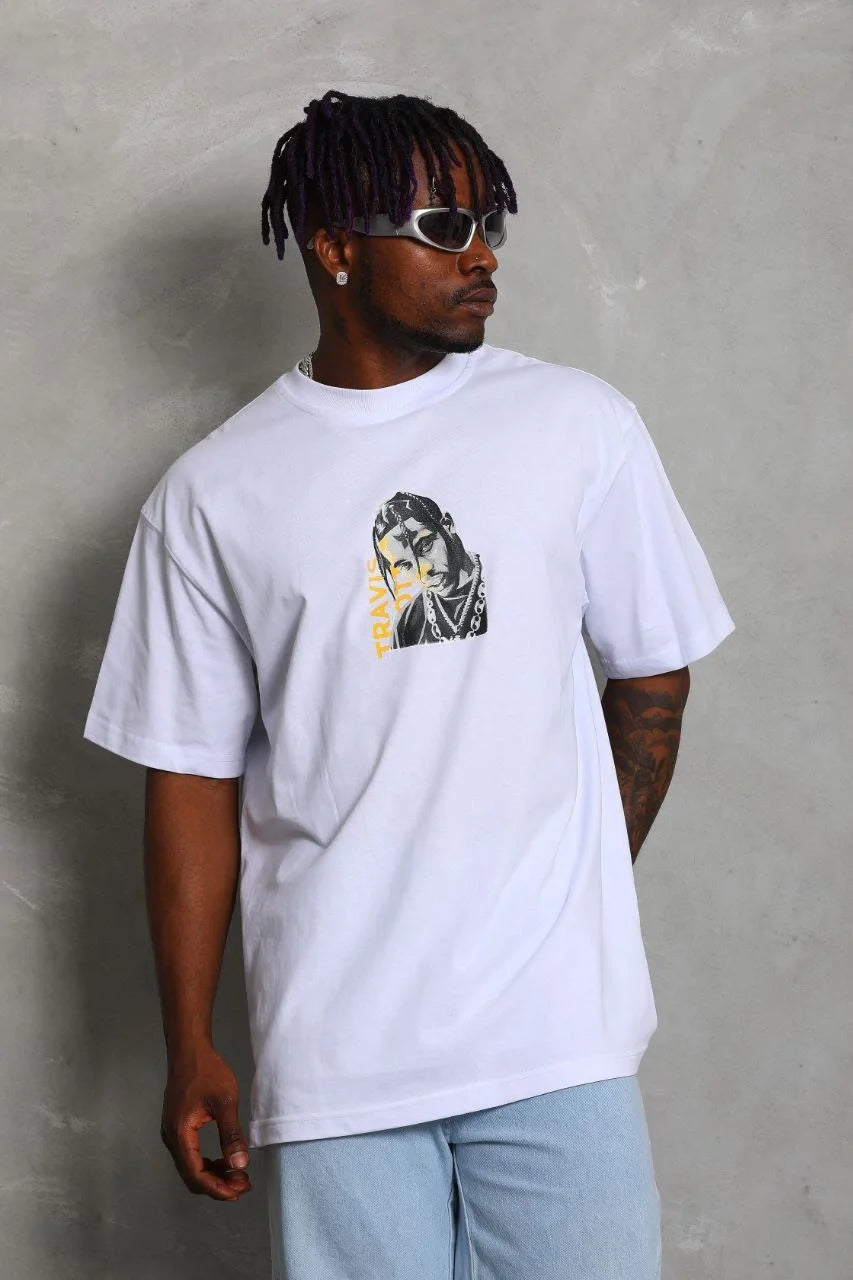 Unisex Oversize Baskılı Bisiklet Yaka T-Shirt - Siyah