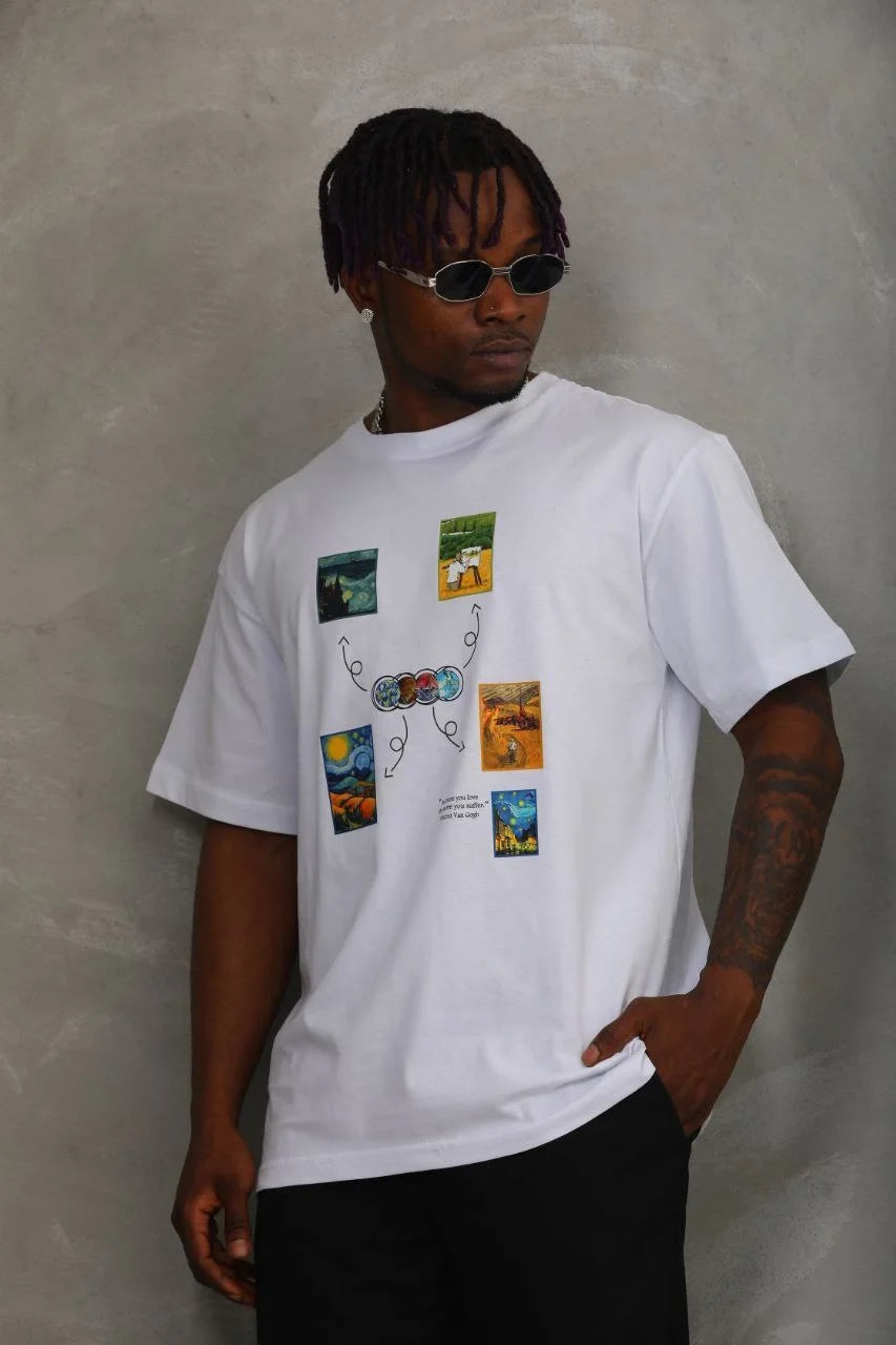 Unisex Oversize Baskılı Bisiklet Yaka T-Shirt - Siyah