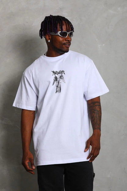 Unisex Oversize Baskılı Bisiklet Yaka T-Shirt - Kırmızı