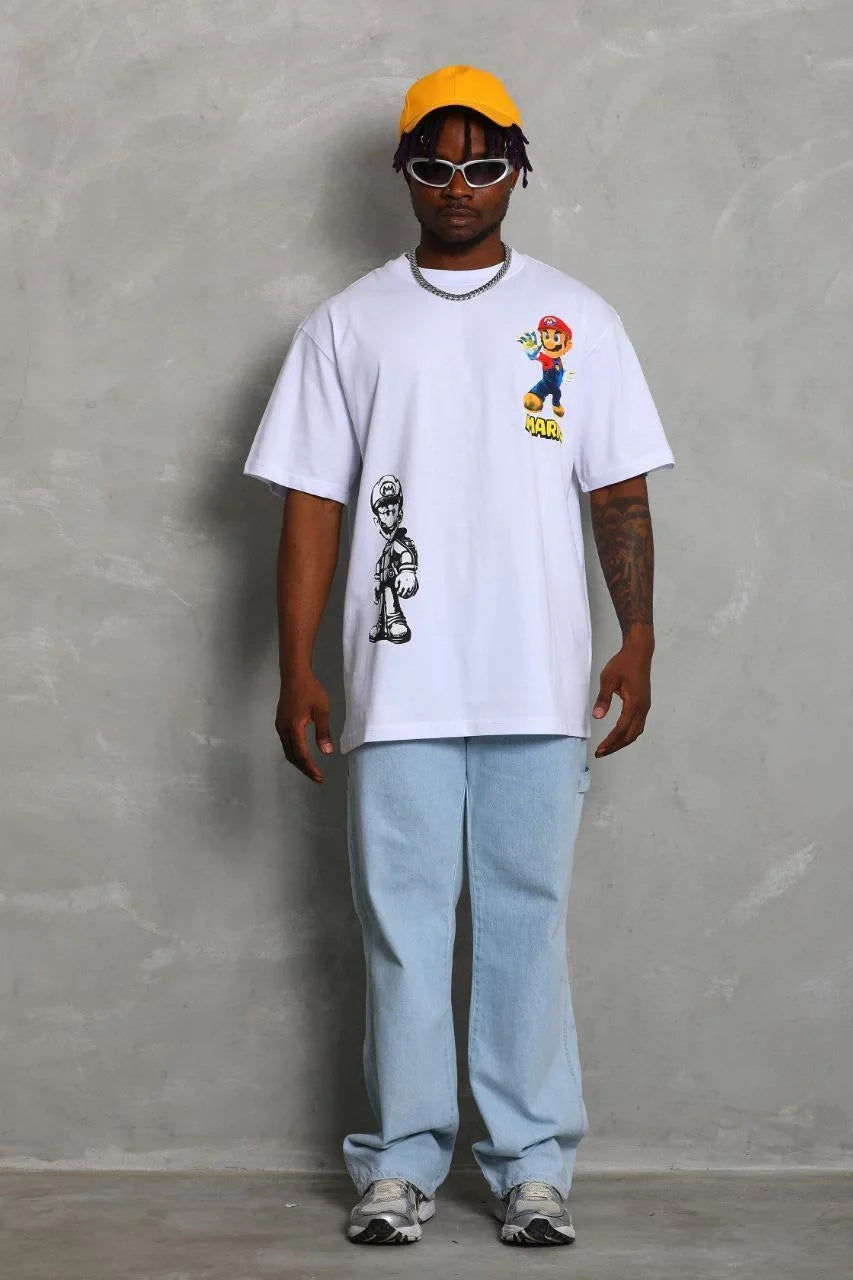 Unisex Oversize Baskılı Bisiklet Yaka T-Shirt - Siyah