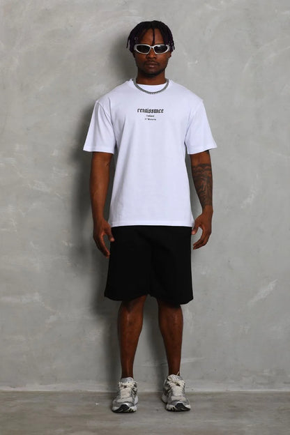 Unisex Oversize Baskılı Bisiklet Yaka T-Shirt - Siyah