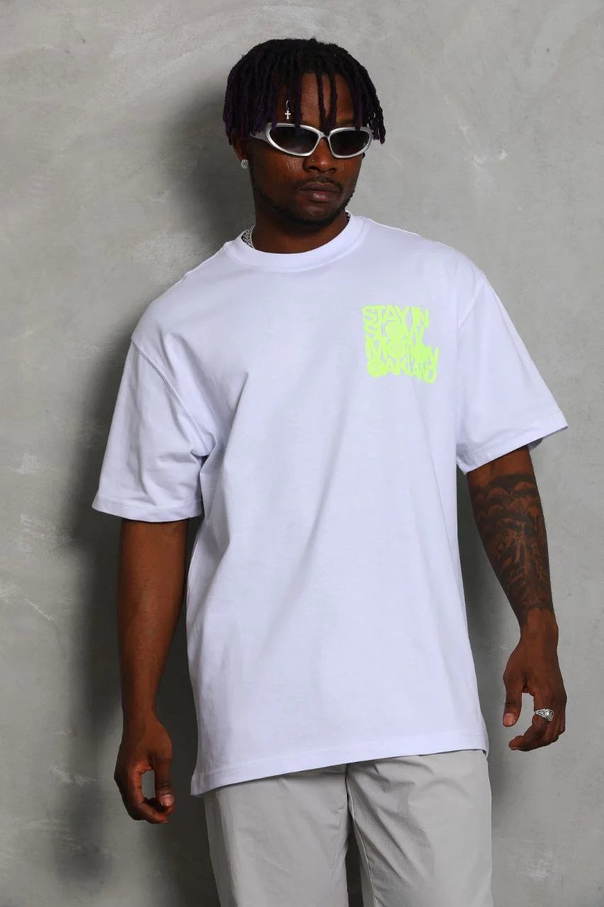 Unisex Oversize Baskılı Bisiklet Yaka T-Shirt - Siyah