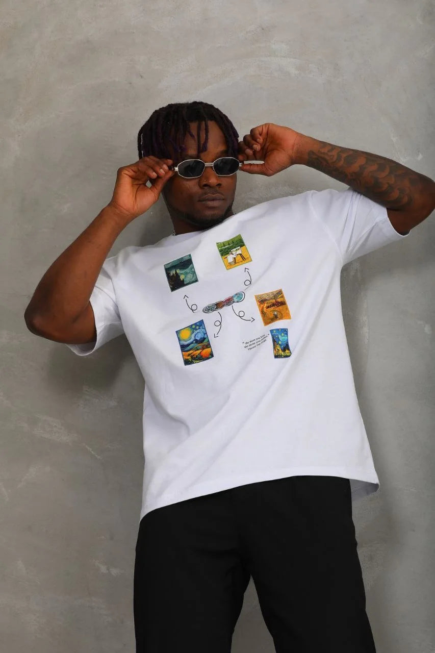 Unisex Oversize Baskılı Bisiklet Yaka T-Shirt - Siyah