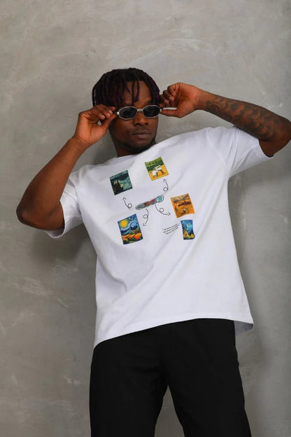 Unisex Oversize Baskılı Bisiklet Yaka T-Shirt - Siyah