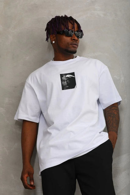 Unisex Oversize Baskılı Bisiklet Yaka T-Shirt - Siyah