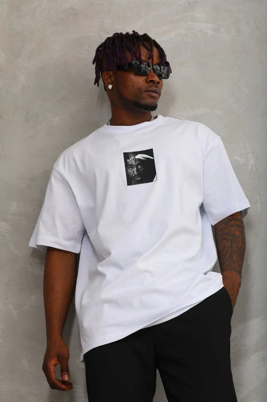 Unisex Oversize Baskılı Bisiklet Yaka T-Shirt - Siyah