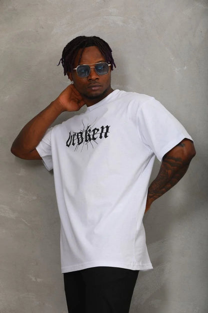 Unisex Oversize Baskılı Bisiklet Yaka T-Shirt - Bej