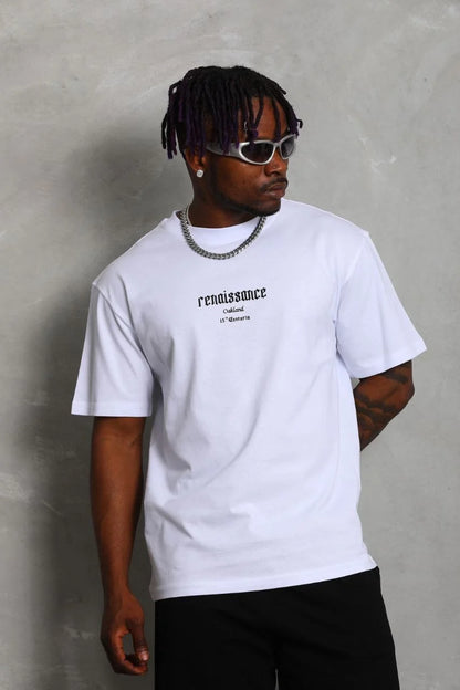 Unisex Oversize Baskılı Bisiklet Yaka T-Shirt - Siyah