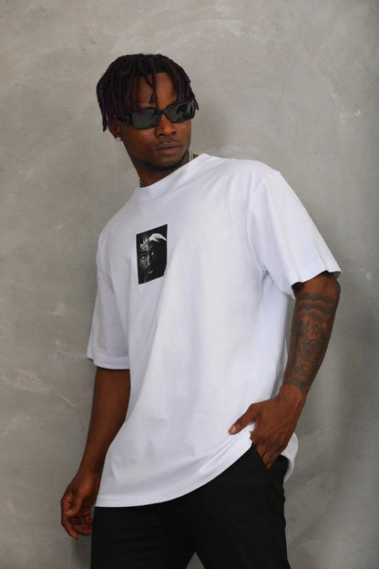 Unisex Oversize Baskılı Bisiklet Yaka T-Shirt - Siyah