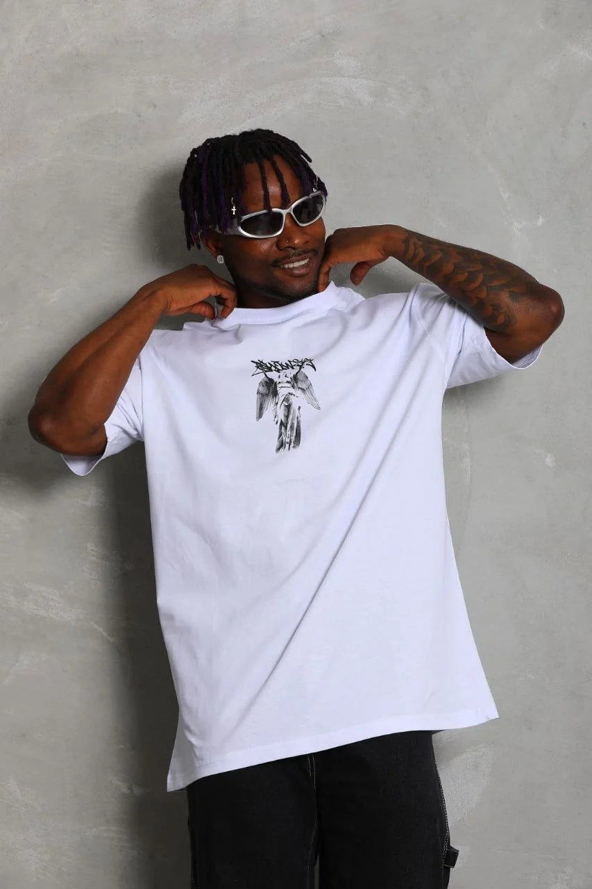 Unisex Oversize Baskılı Bisiklet Yaka T-Shirt - Kırmızı