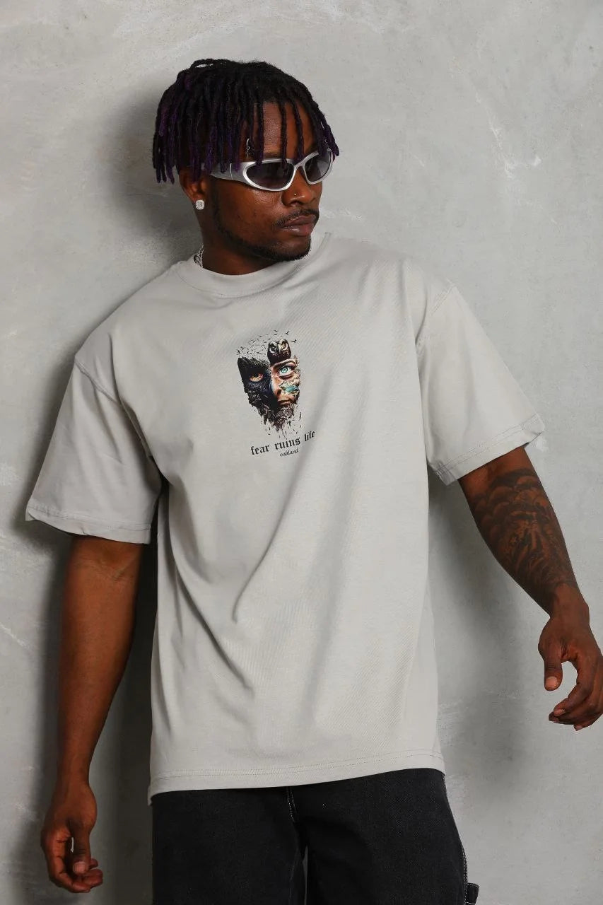 Unisex Oversize Baskılı Bisiklet Yaka T-Shirt - Kırmızı