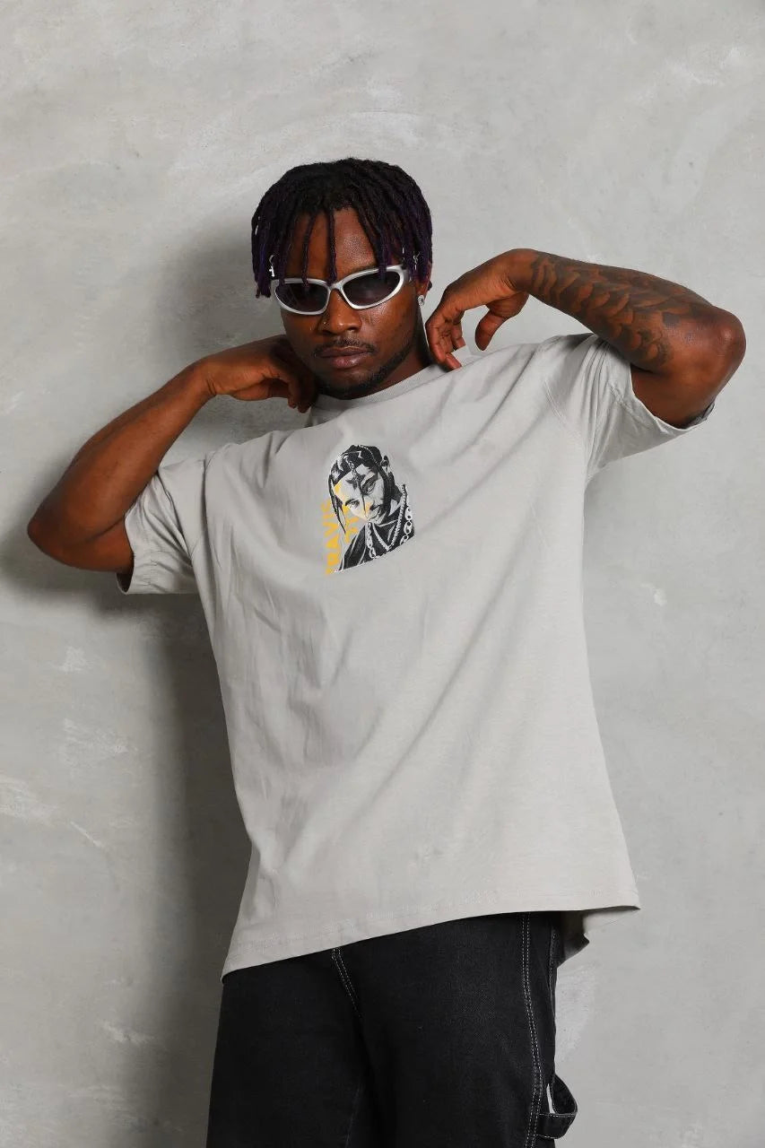 Unisex Oversize Baskılı Bisiklet Yaka T-Shirt - Siyah