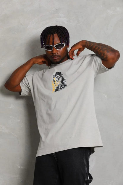 Unisex Oversize Baskılı Bisiklet Yaka T-Shirt - Siyah