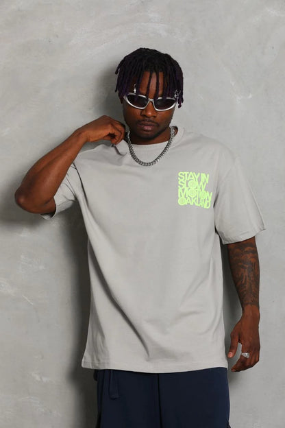 Unisex Oversize Baskılı Bisiklet Yaka T-Shirt - Siyah