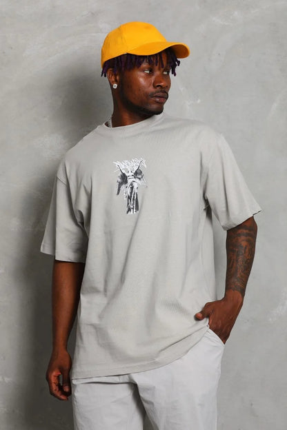 Unisex Oversize Baskılı Bisiklet Yaka T-Shirt - Kırmızı