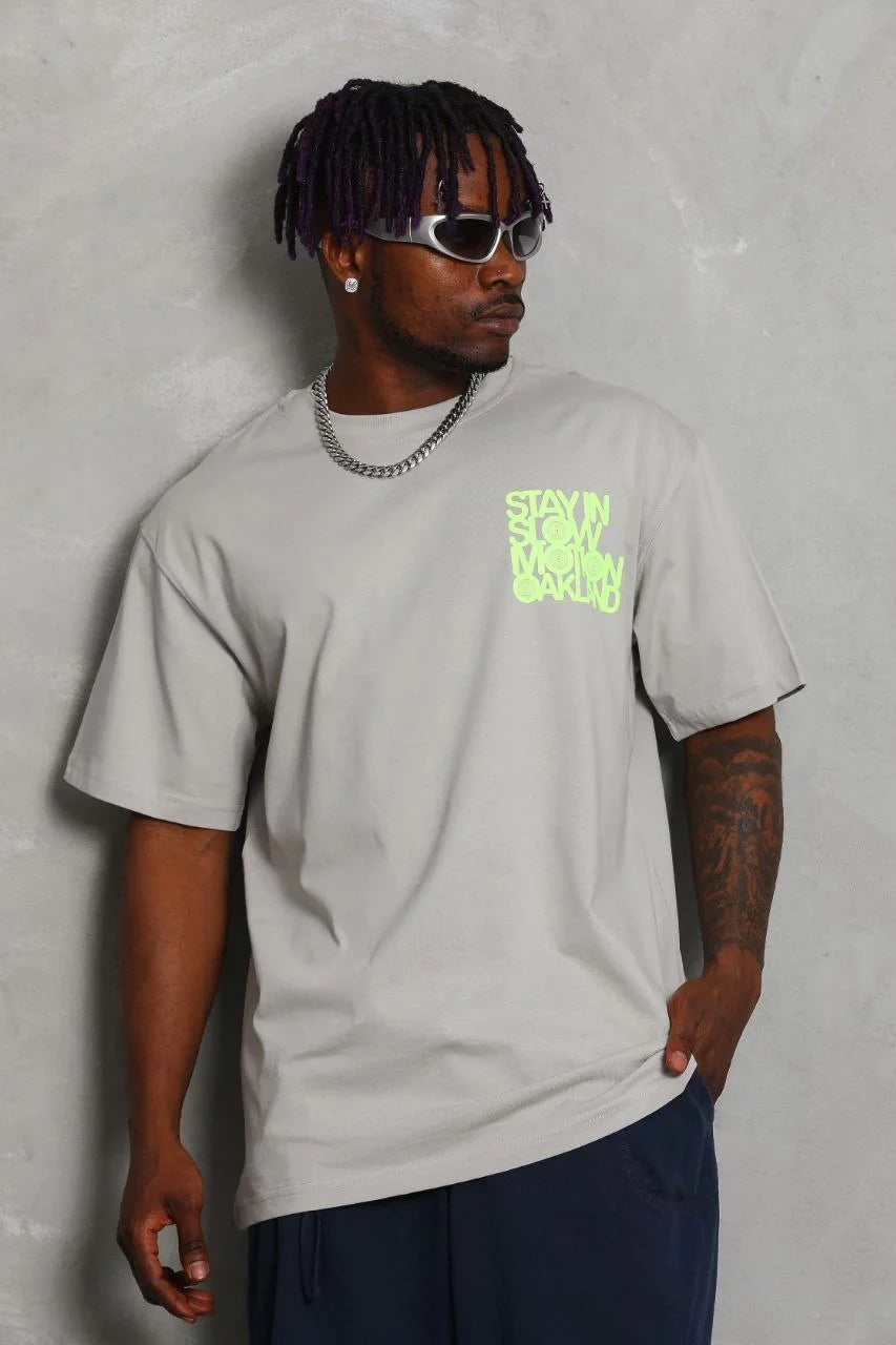 Unisex Oversize Baskılı Bisiklet Yaka T-Shirt - Siyah