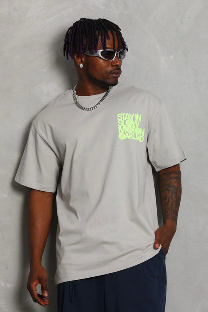 Unisex Oversize Baskılı Bisiklet Yaka T-Shirt - Siyah