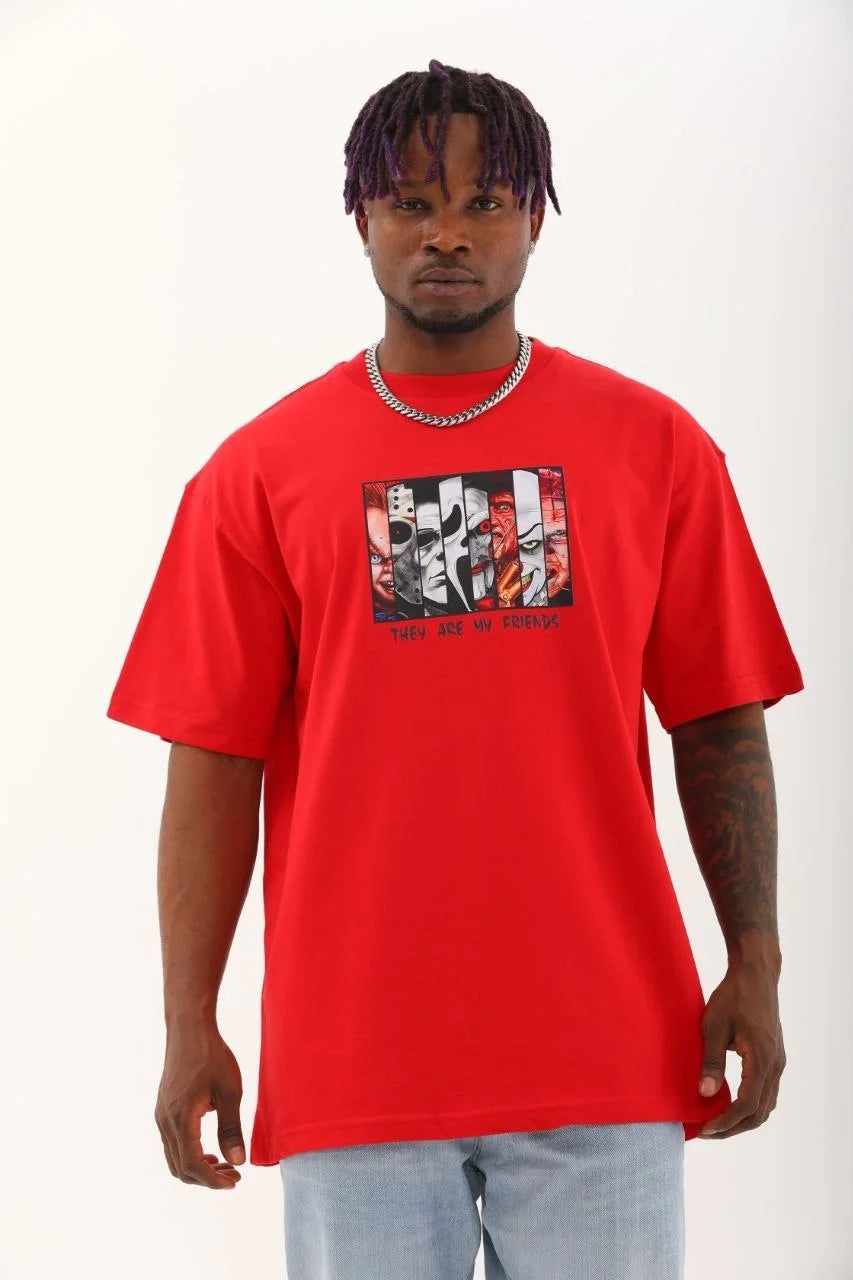 Unisex Oversize Baskılı Bisiklet Yaka T-Shirt - Beyaz