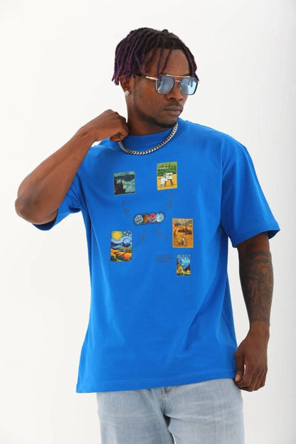 Unisex Oversize Baskılı Bisiklet Yaka T-Shirt - Siyah