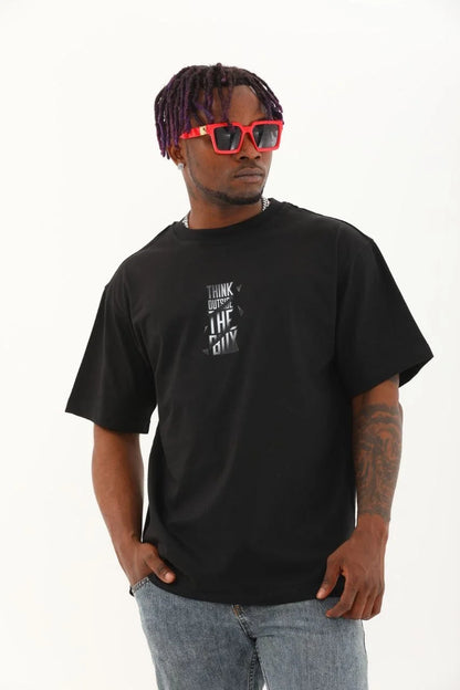 Unisex Oversize Baskılı Bisiklet Yaka T-Shirt - Beyaz