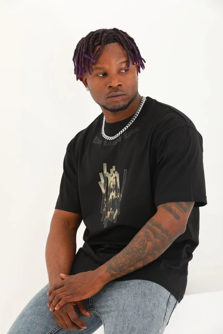 Unisex Oversize Baskılı Bisiklet Yaka T-Shirt - Beyaz