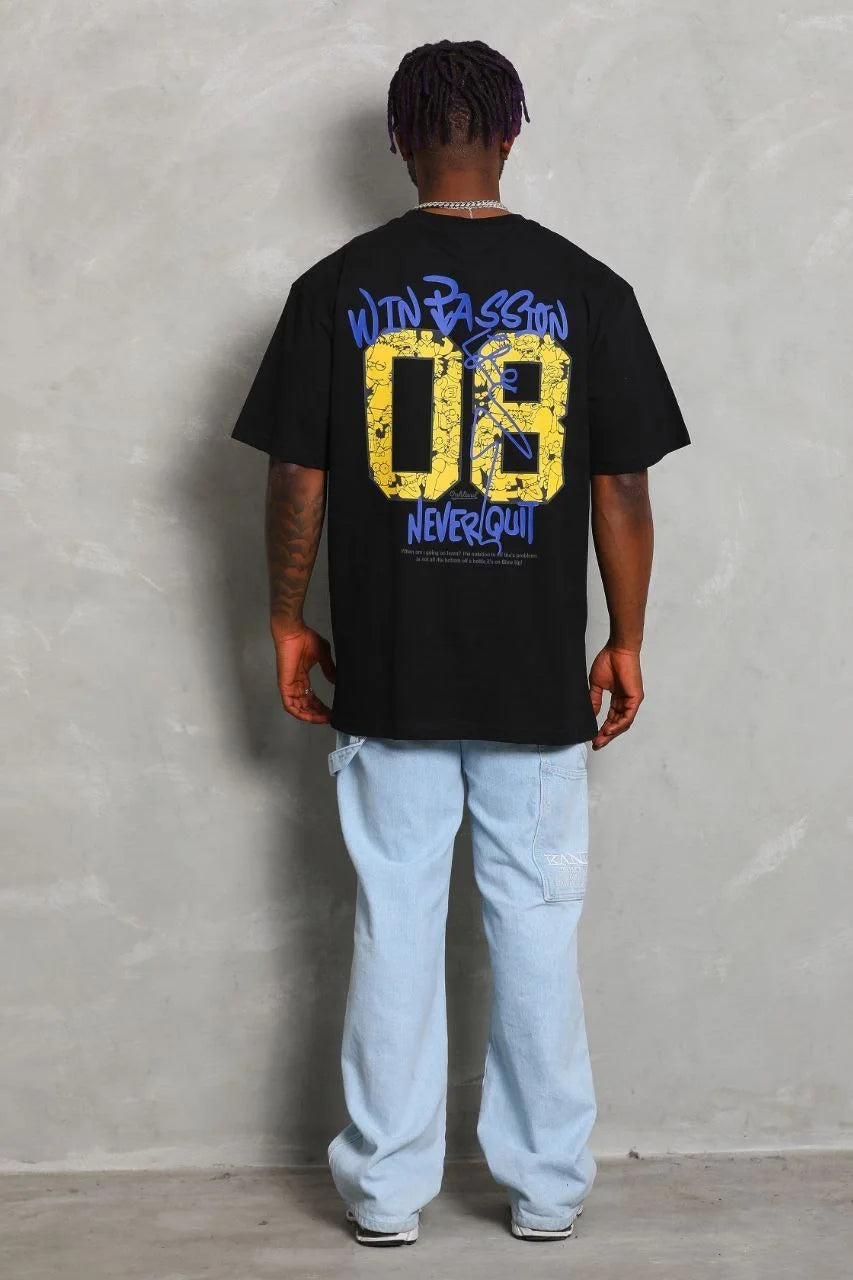 Unisex Oversize Baskılı Bisiklet Yaka T-Shirt - Füme