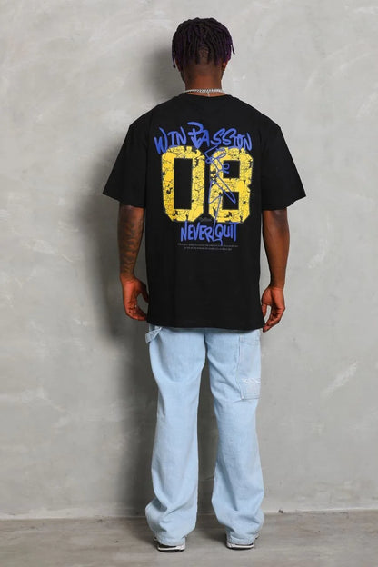 Unisex Oversize Baskılı Bisiklet Yaka T-Shirt - Füme