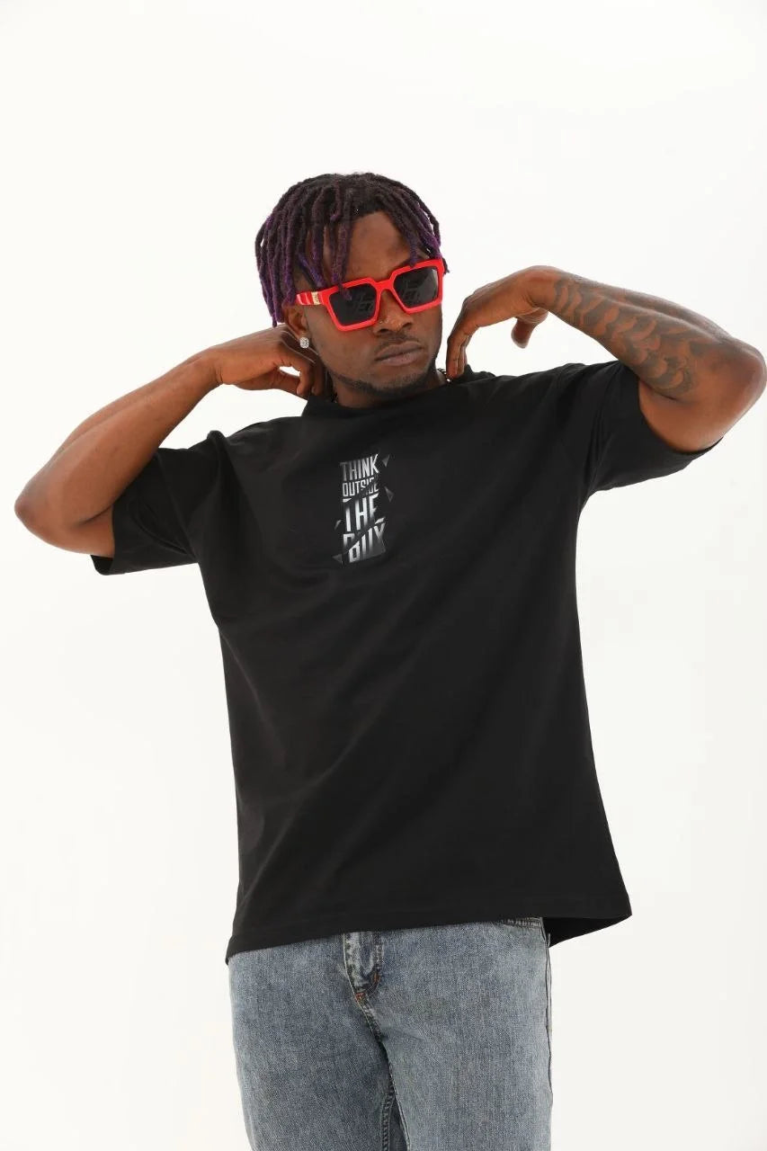 Unisex Oversize Baskılı Bisiklet Yaka T-Shirt - Beyaz