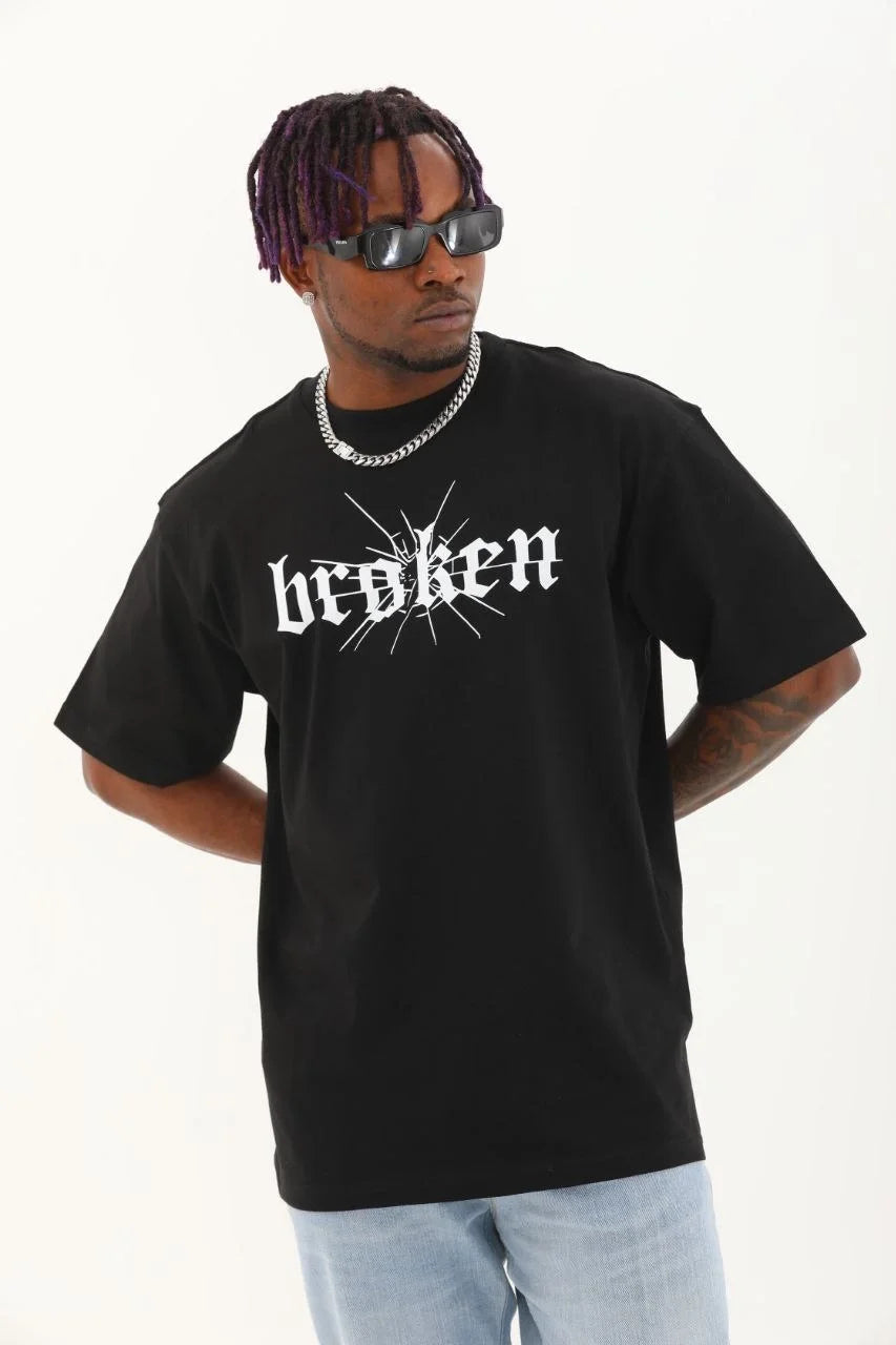 Unisex Oversize Baskılı Bisiklet Yaka T-Shirt - Bej