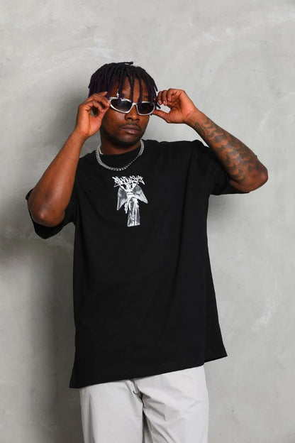 Unisex Oversize Baskılı Bisiklet Yaka T-Shirt - Kırmızı