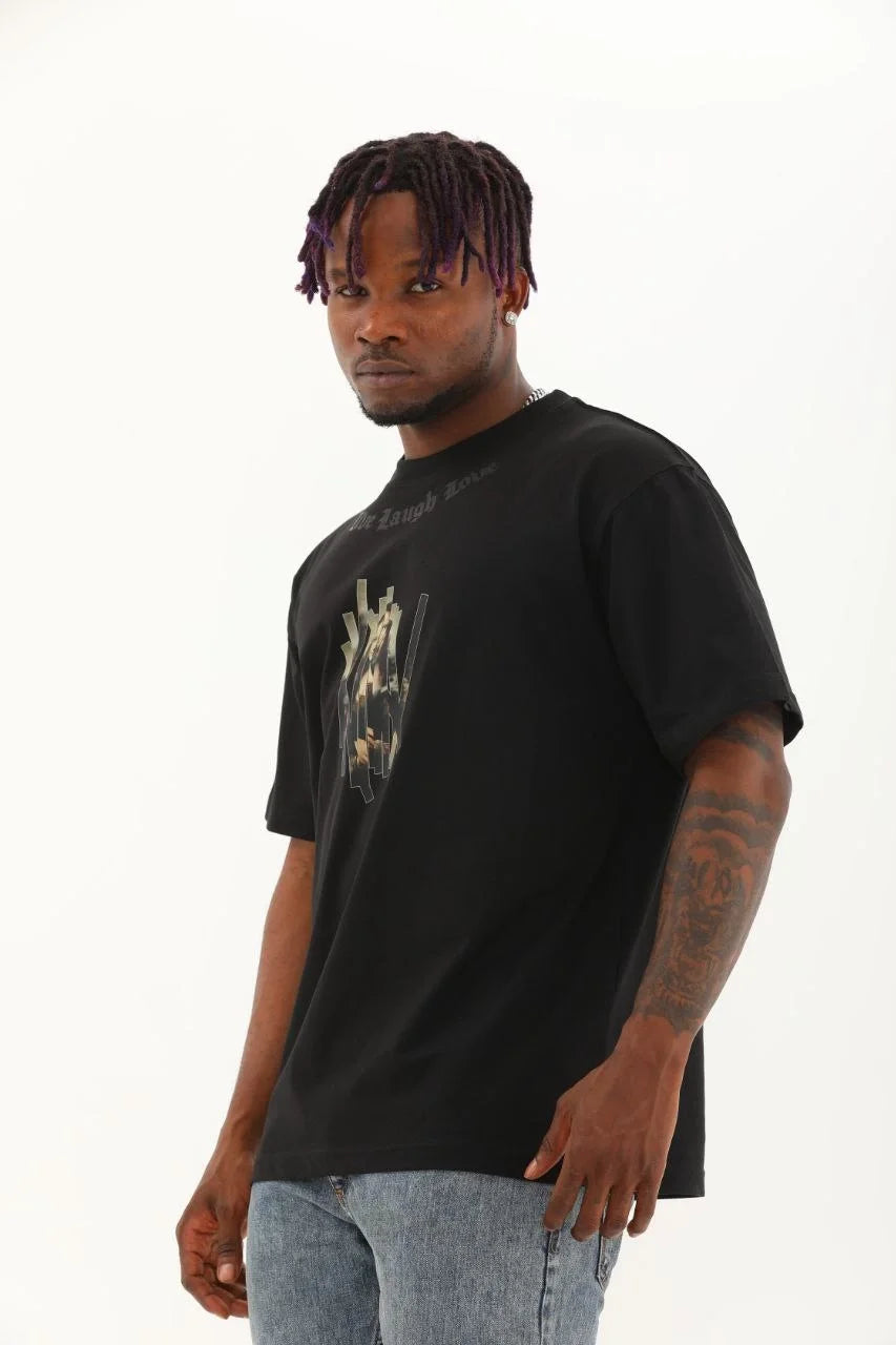 Unisex Oversize Baskılı Bisiklet Yaka T-Shirt - Beyaz