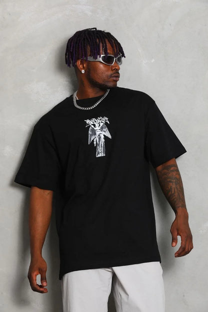 Unisex Oversize Baskılı Bisiklet Yaka T-Shirt - Kırmızı