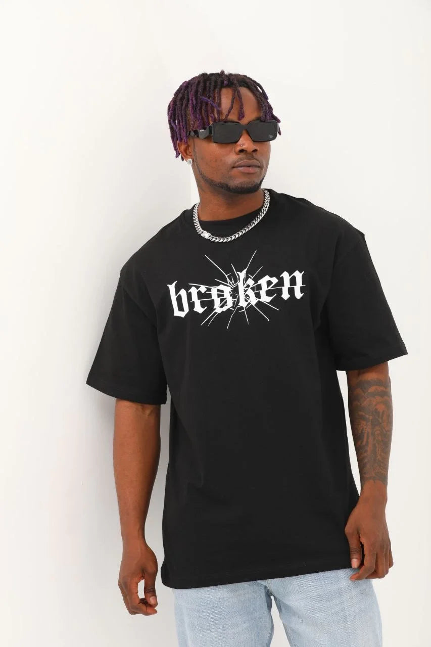 Unisex Oversize Baskılı Bisiklet Yaka T-Shirt - Bej