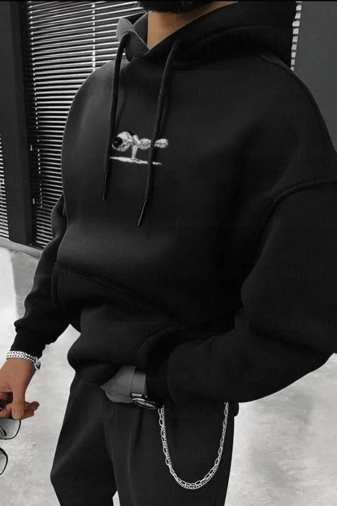 Erkek Baskılı Kapüşonlu ve Kordon İpli Sweat - Beyaz